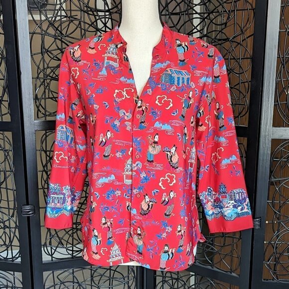 Josie Small pinky red Chinese woman houses printed 3/4 sleeve button up blouse - Picture 1 of 10